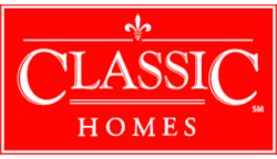 Classic Homes logo in white text with a fleur-de-lis symbol on a red background